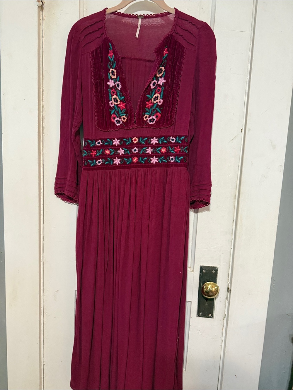 Free People Berry Embroidered V-Neck Maxi Dress